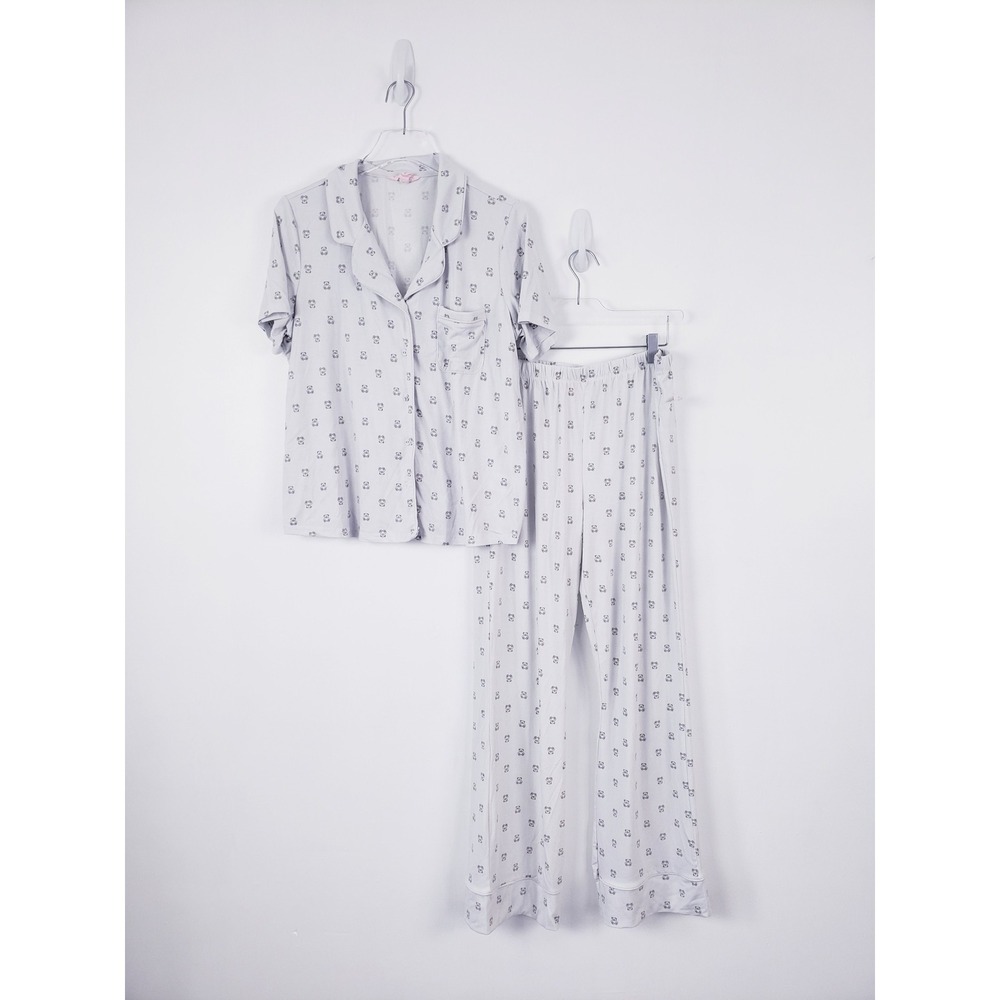 Como Sleep Pajama Set White Teddy Bear Print Short Sleeve Pant Womens Medium